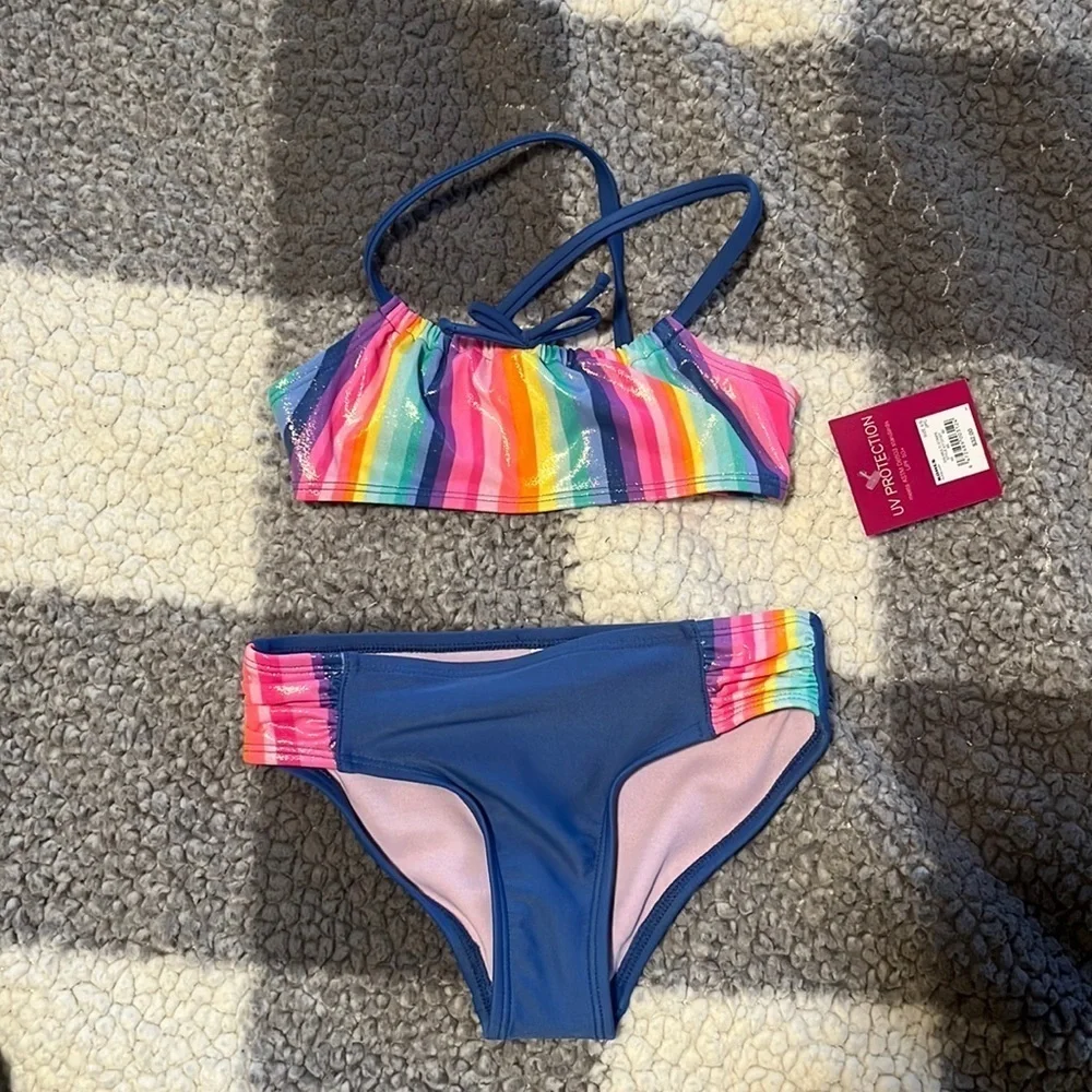 New Girl’s Rainbow Stripe Bikini Size 4/5 SPF 50+ Rashguard NWT